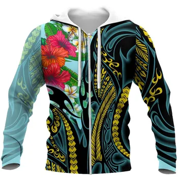 CLOOCL Polynézskej Zip Hoodies 3D Grafické Sportshirts Korytnačka Polynézskej Tropické Leaf Kry s Kapucňou, Módne Vrecká Topy
