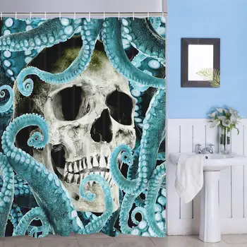 Chápadlá a Kostry Sprchový Záves Zábavný Horor Octopus Kúpeľňa Opony Odolné Tyrkysová