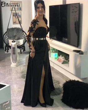 Elegantné Čierne Formálne Šaty 2022 Milú Ilúzie Krk Dlhý Rukáv Večerné Šaty s Zlatý Pás Sexy Štrbinou Satin Prom Šaty