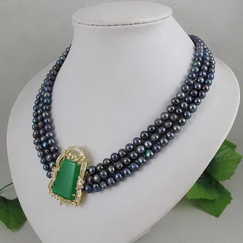 Nový Príchod Terisa Barokový Perlový Náhrdelník 3 Riadky Green Jade Black Sladkovodné Perly Náhrdelník Ručné Ženy Šperky Darček