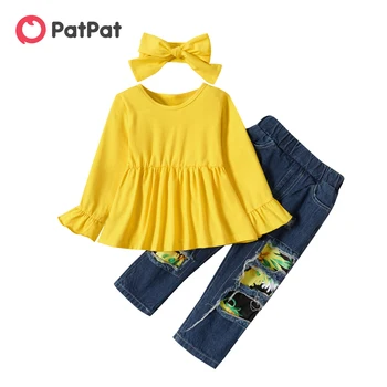 PatPat 3ks Batoľa Dievča Sladké Patchwork Roztrhlo Denim Jeans & Peplum Čaj a hlavový most Set