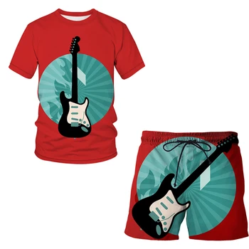 Športové pánske Oblek T-tričko + krátke Nohavice Cvičebný úbor 2-dielna Sada Hudobný nástroj gitaru 3D Solid Farebná Tlač Streetwear