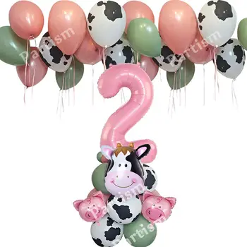 1set Farma Zvierat Balóny, Papierové Krava/Ošípaných Balón s Ružovými Číslo Balón pre Dievča je Farma Zvierat Narodeninovej Párty Dekorácie
