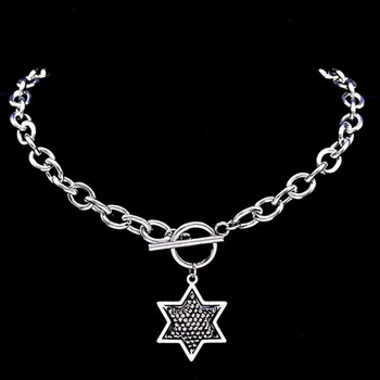 Hexagram Nehrdzavejúcej Ocele Black Crystal Choker Náhrdelník Judaizmus Hviezda David Šperky, Náhrdelníky chaine acier inoxydable N4866