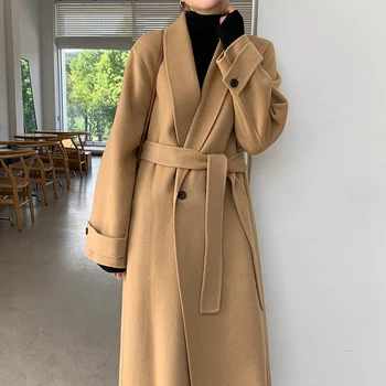 Ženy Minimalistický Dlho Vlnené Kabát S Pásom Celý Rukáv Voľné Jeseň Zima Kórejský Dámy Kabát Bežné Plus Veľkosť Vrchné Oblečenie