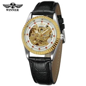 VÍŤAZ Top Značky Ženy Retro Kostra Auto Mechanické Hodinky Kožený Remienok Luxusné Zlaté Červená Gem Dekorácie Dámske náramkové hodinky