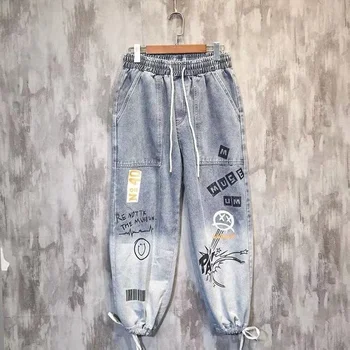 Na jar a v Lete Hip-hop Príliv Značky Legíny Jeans pánske Voľné Rovno Bežné Mládež kórejská Verzia Trend Nohavice Mužov