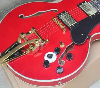 doprava zadarmo Najvyššej kvality Nového F otvor tela Jazz červená gitara s bigsby Duté telo Elektrická Gitara 8pai 335