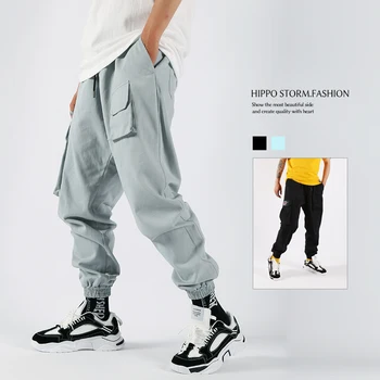 Vysoká Kvalita New Black Bežné Nohavice Mužov jednofarebné Nohavice Joggers Multi-vrecko Retro Módy Hip-hop Voľné Športové Nohavice