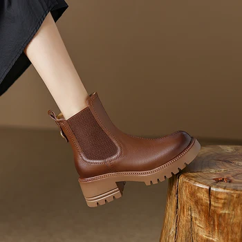 Jeseň a v zime sa Ženy členková obuv prírodná koža 22-24.5 CM cowhide plný moderné kožené topánky Vintage Leštené Chelsea Topánky