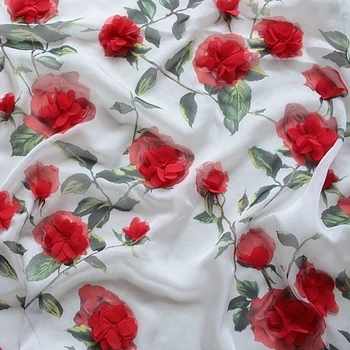 Kvetinový Vytlačené Šifón Textílie S trojrozmernou Nášivka Kvety High-End Na Ples Svadobné Šaty DIY 50X150cm Tela
