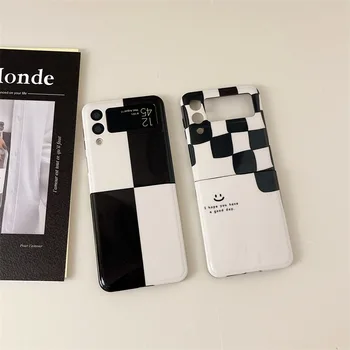 Čierne Biele Kockované Telefón puzdro pre Samsung Galaxy Z Flip 3 Pevného PC Zadný Kryt pre ZFlip3 Prípade Ochranný plášť