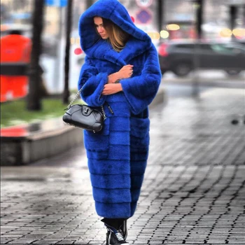 FURSARCAR 2021 Nové Celé Kože Noriek Kožušinový Kabát Pre Ženy, 120 cm Dlhé Kráľovská Modrá Prírodné Noriek Kožušiny Bunda S Kapucňou Zimné kožuchy