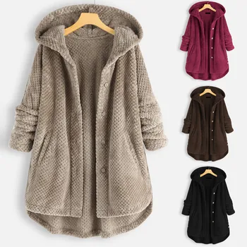 Ženy Zimné Plus Veľkosť Kabát Pevné Obloženie Kabát S Kapucňou Nepravidelný Dlhý Rukáv Plyšové Cardigan Bunda Hrubý Kabát