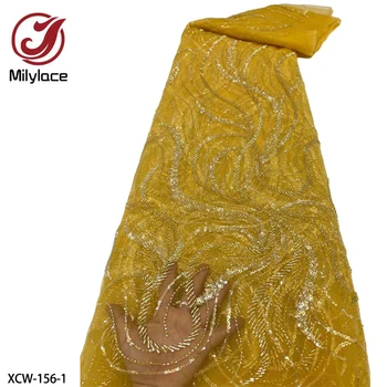Najnovšie Korálkové Čipky Tkaniny Vysokej Kvality Afriky Sequin Čipky Textílie Ručné Korálky Čipky Textílie pre Svadobné Materiál XCW-156