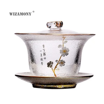 Japonský štýl tepelne-odolné tĺkol sklo zlato rimmed kryt misky, misy čaju šálku čaju matné Sancai Kungfu reálnej pohár čajové misky
