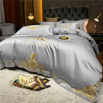 Zlaté Výšivky Saténová Bavlna Prikrývka/Perinu Posteľ List obliečky na Vankúše 4pcs Farbou Dvojité bytový Textil posteľná bielizeň Nastaviť Luxus