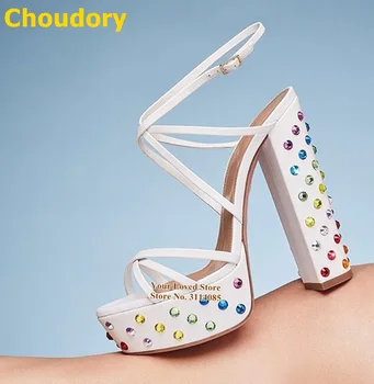 Choudory Multi-Farebné Bling Bling Crystal Biele Sandále Robustný Podpätky Platformu Svadobné Topánky Kríž Strappy Drahokamu Šaty Čerpadlá