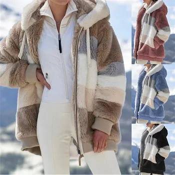 Zimné Ženy Bunda Teplá Plyšové Príležitostné Voľné Kabát S Kapucňou Zmiešané Farby Patchwork Zimné Outwear Umelú Kožušinu Zips Dámy Vetrovka Kabát