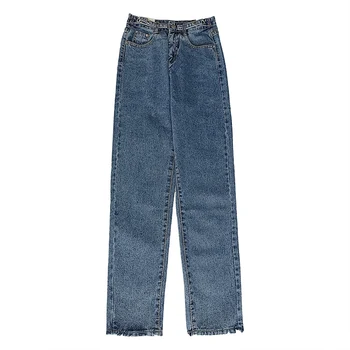 Na začiatku jesene nastaviteľné pracky vintage umyté modrá vysoký pás slim džínsy, nohavice