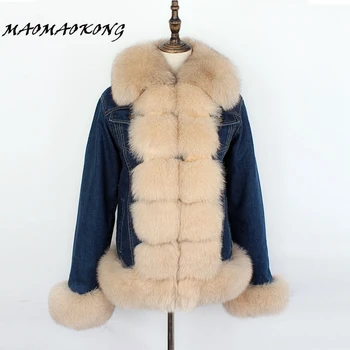 MMK značky 2018 denim vetrovka reálne kožušinový kabát zimná bunda ženy skutočný prírodný líška srsť srsť hrubé teplé kožušiny parkas street style nové
