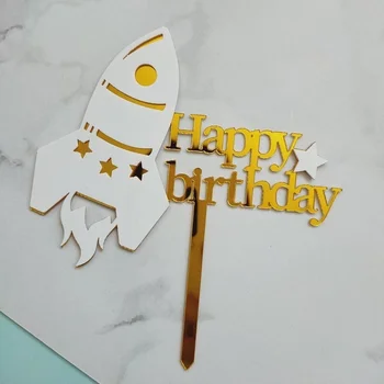 Nový Priestor Tému Rocket Happy Birthday Cake Vňaťou Akryl-Kreatívne Mulčovače Chlapcov Deti Narodeninovej Party Cake Dekorácie Dodávky