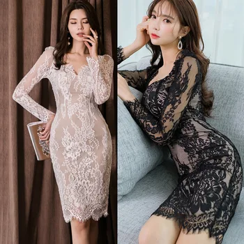 2022new kórejský Štýl Elegantného tvaru Slim-Fit Chudnutie Plášť Šaty, Sexy dámske jednofarebné Čipky Šaty