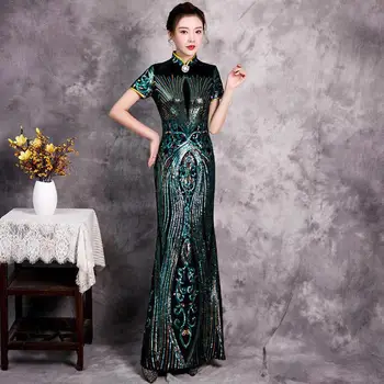 Retro Velúrové Ženy Cheongsam Bling Flitrami Večerné Šaty Slim Elegantné Čínske Šaty ExquisiteStage Zobraziť Šaty Plus Veľkosti 4XL 5XL