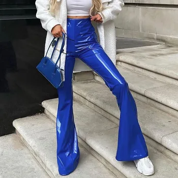 Jeseň Streetwear Ženy PU Faux Kožené Nohavice, Vysoký Pás Blue Flare Nohavice, Kožené Legíny Skinny Nohavice Ženy 2021