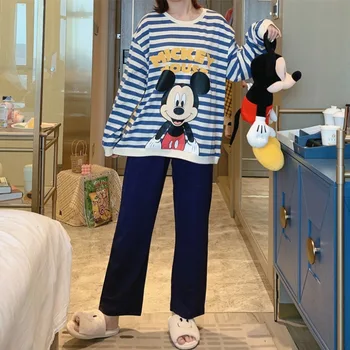 Karikatúra Disney Mickey pruhované tlač pyžamo dámske jar jeseň dlhým rukávom nohavice 2ks roztomilý Mickey Mouse nový domov nosiť nastaviť