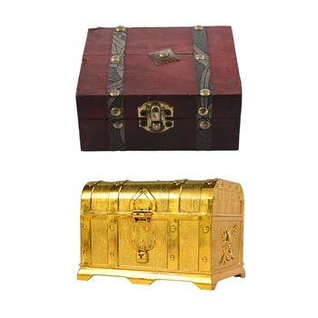 2 KS Drevené Vintage Zámok s Pokladom, Šperky Úložný Box S Pokladom, drahocenná pamiatka Šperky Box