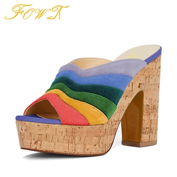Rainbow Jeseň Stručné Korku Platformu Ženy Sandále Super Vysokú Námestie Podpätky Módne Farebné Papuče Pre Plážové Šaty Lady Topánky
